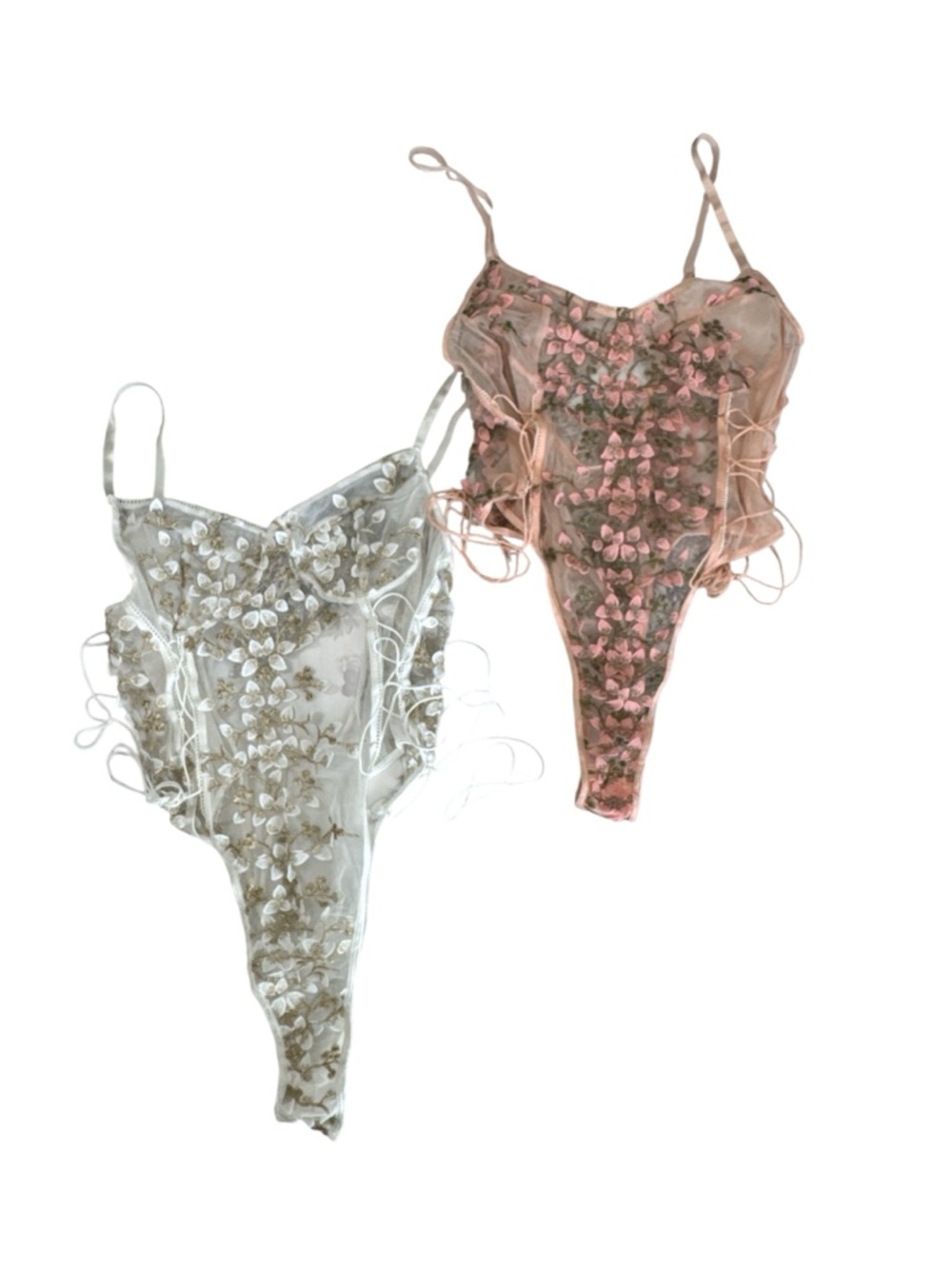 Sheer Floral Embroidered Lace Bodysuit Pink White Nude Mesh Tie Side Teddy XXL